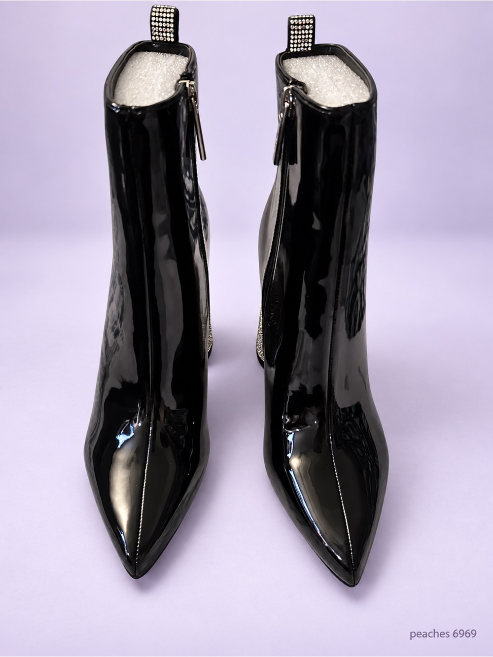 Glittering Black Patent Pointed-Toe Ankle Boots with Rhinestone Pull Tabs Heels
